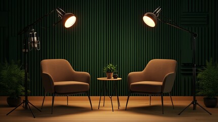 Elegant Studio Interior Design Warm Lighting Comfortable Armchairs Green Wall Modern Podcast Recording Room Setup Professional Workspace Ambient      