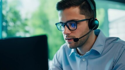 Customer support agent wearing headset working on laptop in bright office with green view. Online communication and remote assistance concept. Design for banner, header, poster.