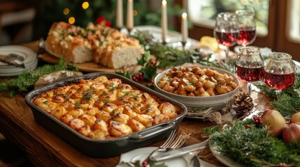 A beautifully arranged festive dining table with holiday dishes, decorated with greenery and warm ambiance