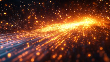 Glowing orange particles streak across dark background.