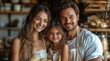 Fototapeta premium Happy family of three posing with freshly baked goods in a warm, rustic kitchen filled with homey decorations and natural light