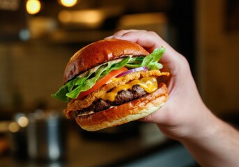 Hand holding a delicious burger with fresh toppings and melted cheese