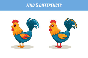 Find 5 differences between two pictures of cute cartoon rooster isolated on white background. Funny bird in flat style. Activity page. Vector illustration.