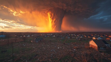 Fiery sunset illuminates a devastating tornado aftermath over suburban landscape.