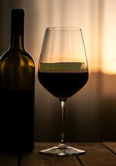Sip of tranquility as sunset casts warm hues over wine glass and bottle