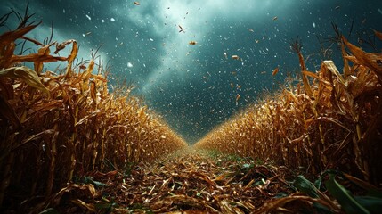 Fototapeta na wymiar Dramatic autumn cornfield path under stormy sky with falling leaves and rain.