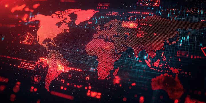A digital map glowing with red trade war indicators, highlighting global economic tension. Background blurred with currency symbols and stock market crashes.