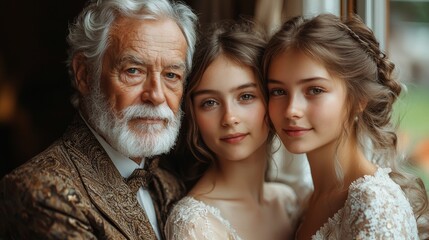 Obraz premium Capturing timeless bonds between generations, a grandfather and two beautiful granddaughters share a warm embrace in a cozy setting.