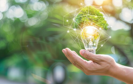 The forest and trees glow under light, symbolizing environmental care. A lamp bulb cultivates plants on dry earth, conveying the urgency of combating global warming and saving the Earth