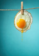 Fried egg hanging on a clothesline, showcasing a unique culinary presentation