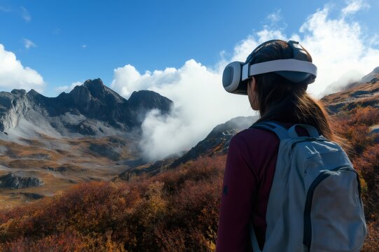 Female hiker wearing virtual reality glasses enjoying a simulated trekking experience in high altitude mountain range