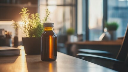 Elegant cold brew coffee bottle on a startup desk, plants and light background