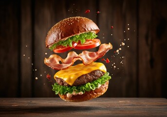 Delicious cheeseburger with fresh ingredients floating in mid-air