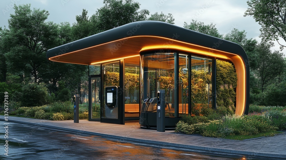 Aufkleber a futuristic electric vehicle charging station designed with large glass panels and interior greener