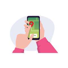 Hands holding smartphone with map and location mark on screen, vector online shipping delivery service, GPS technology