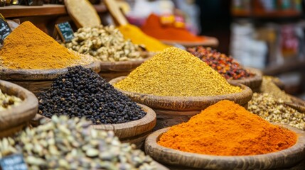 Spices in open bowls at market with vibrant textures