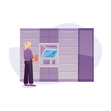 Self service locker, woman sends the parcel via self-delivery post station, vector automat machine, shipment terminal