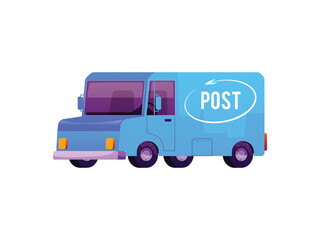 Vector illustration of blue mail delivery van. Isolated background.