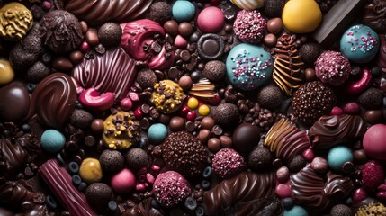 Assorted chocolate truffles in vibrant decorative layout