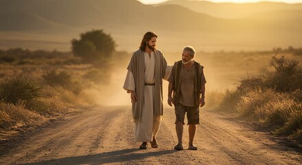 Guidance in the Desert: Two figures walk along a dusty path in a desert landscape, one offering support, the other seemingly in need of guidance, under the warm embrace of the setting sun.