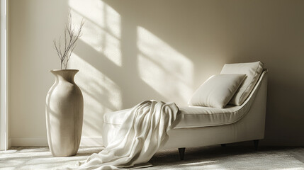 Fototapeta premium Relaxing Interior: Cozy chaise lounge bathed in sunlight with a decorative vase and soothing neutral tones.