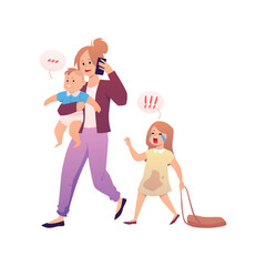 Young mother carrying baby in hand, speaking on smartphone and walking with crying and screaming capricious dirty girl