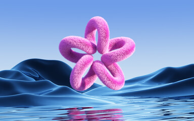 3d render of surreal panoramic background. Abstract minimal wallpaper of fantastic landscape with fluffy shape, hills and reflection in the water. 