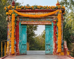 Fototapeta premium Colorful gate with marigold and red cloth decorations