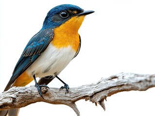 Fototapeta premium A beautiful orange bird, specifically the male blue-fronted redstart with its distinctive blue head, is displayed against a white background to showcase its detailed head, face, wings, tail, and feet