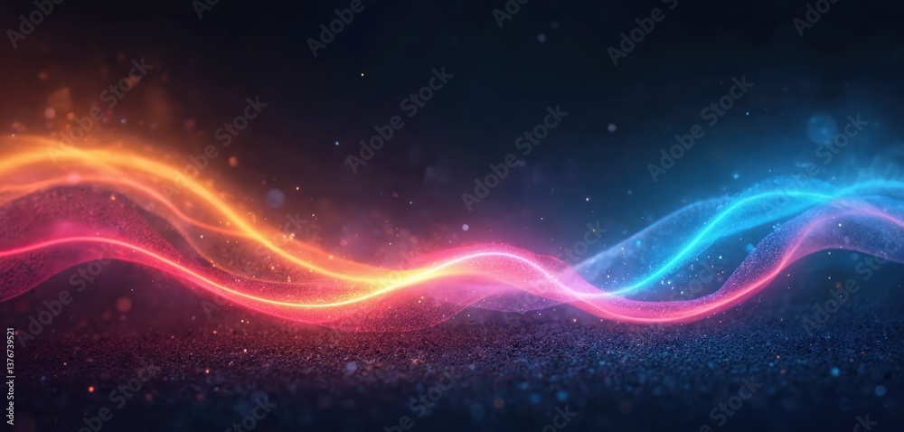 Poster abstract design with glowing flowing lines. neon waves in blue pink yellow colors against dark grain