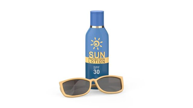 Sunscreen lotion with SPF 30 and women's sunglasses on white background
