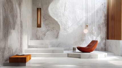 Bright minimalist interior with sculptural stairs and red chair