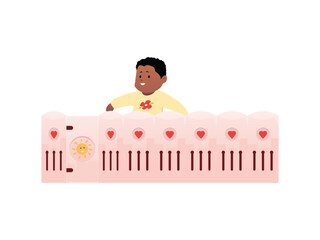 Vector illustration of cute baby boy in playpen standing and smiling.