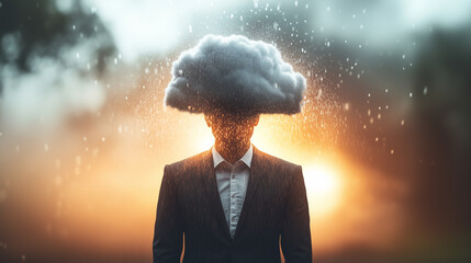 Surreal concept featuring a man in a suit with a dark cloud raining above his head against a dramatic sunset background, conveying introspective emotions. Image made using Generative AI.