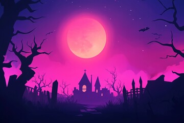 Spooky night at an abandoned cemetery under a full moon with eerie trees and bats flying