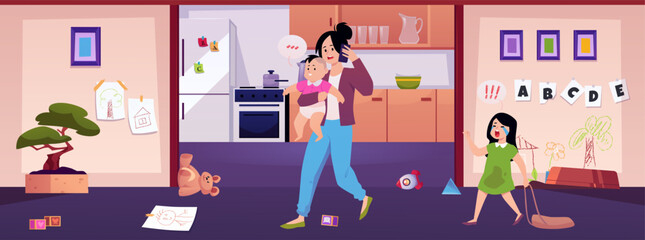 Young mother carrying baby in hand and speaking on smartphone, crying dirty girl, vector motherhood at disorder home