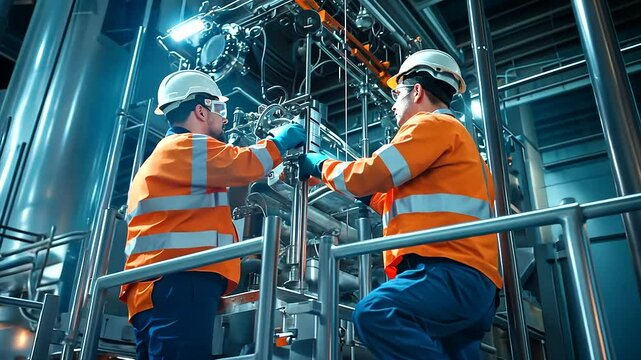 Workers performing delicate bushing maintenance on the transformer&rsquo;s upper section, standing on metal scaffolding with specialized testing probes and heavy-duty tools