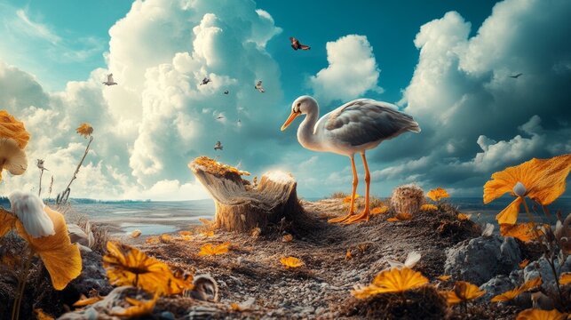 Fantasy landscape with flamingos and surreal sky
