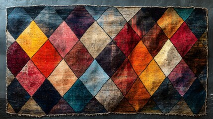 a close up of a colorful rug with a diamond pattern