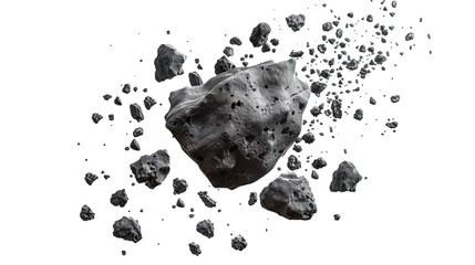 Swarm of Asteroids Isolated on a White Background, Displaying Their Irregular Shapes and Textures for a Bold and Dynamic Space Illustration