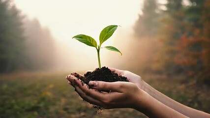Hands holding a young plant in rich soil, symbolizing growth and hope in a serene forest setting