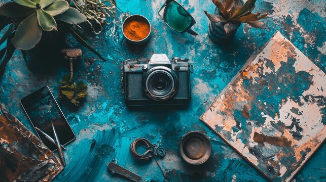 Flat lay of travel essentials with camera and tea