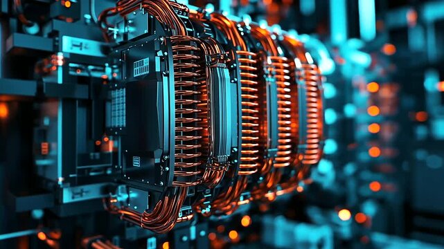 Intense close-up of a towering power transformer, highlighting the maze of copper busbars, heavy-duty cooling radiators, and dense high-voltage lines wrapped around industrial insu