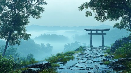 Misty mountain path leads to a torii gate, overlooking a valley shrouded in fog. Tranquil scene with lush greenery