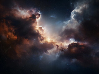 Obraz premium Vivid cosmic clouds illuminated by distant stars create a stunning view of the night sky in this deep space scene