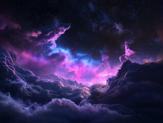 Mesmerizing cosmic clouds glow in shades of purple and blue with twinkling stars visible in the night sky