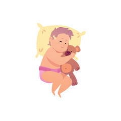 Vector illustration of little girl in pink diaper sleeping on pillow hugging teddy bear.