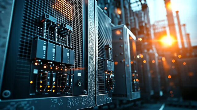 A gritty close-up of a large substation transformer unit, showcasing weathered metal textures, densely packed high-voltage wiring, and oil-filled cooling chambers reflecting ambien