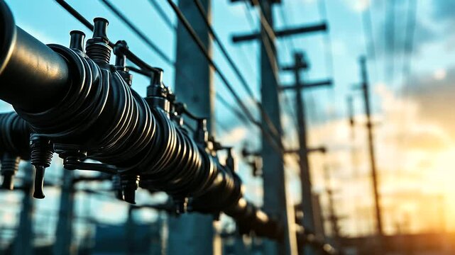 Macro view of a transformer&rsquo;s cooling system, intricate metal pipes interwoven with thick, black high-voltage cables disappearing into the ground, set against the backdrop of the b