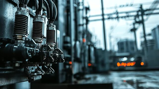 Macro view of a transformer&rsquo;s cooling system, intricate metal pipes interwoven with thick, black high-voltage cables disappearing into the ground, set against the backdrop of the b